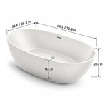 White oval freestanding bathtub marked with overall 66.9 inch/70.9 inch