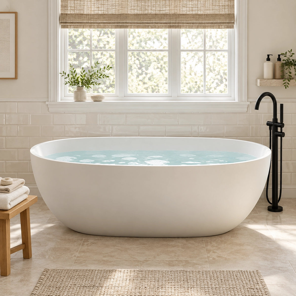 White oval freestanding bathtub placed in bright bathroom with large window, tiled wall and woven decor