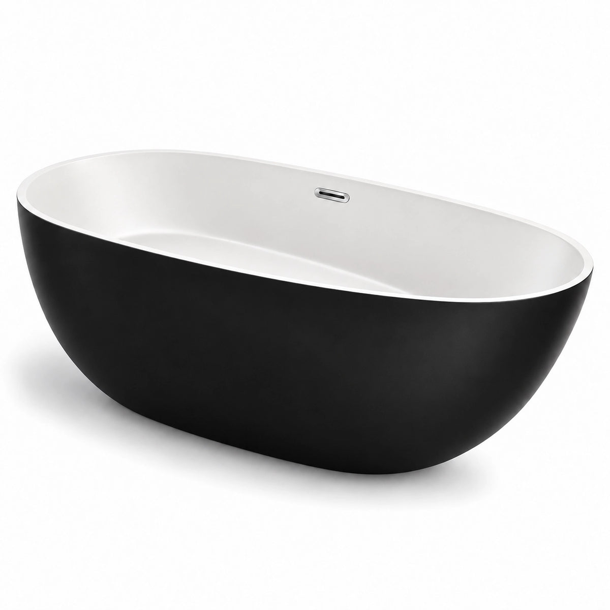 Freestanding soaking bathtub, two-tone design with black exterior and white interior, sleek curved body