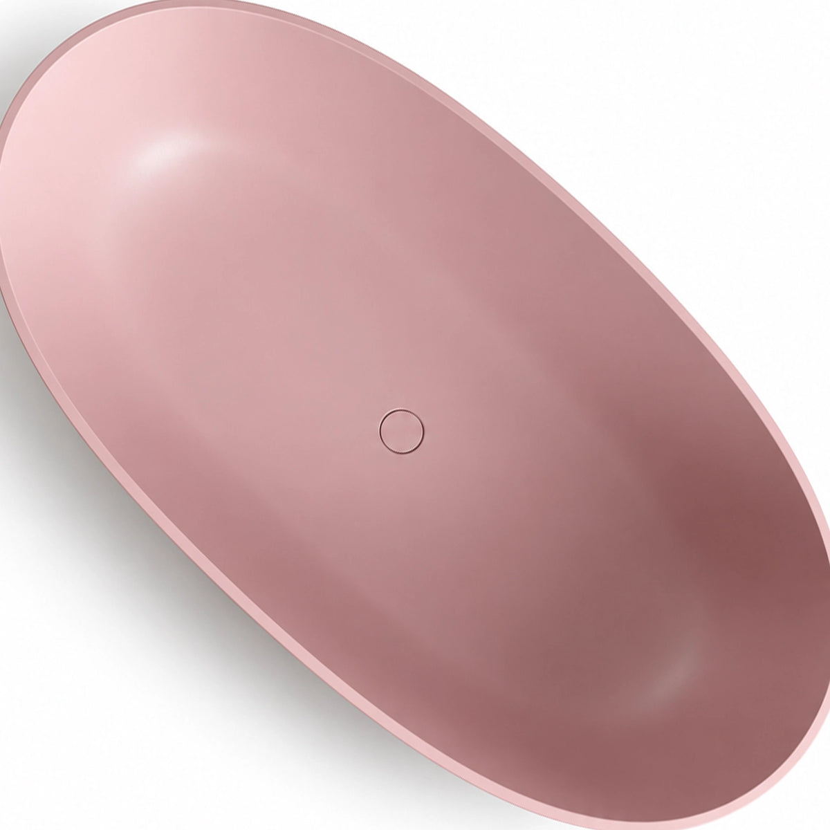Top close-up of bathtub interior, featuring smooth matte surface and central drain