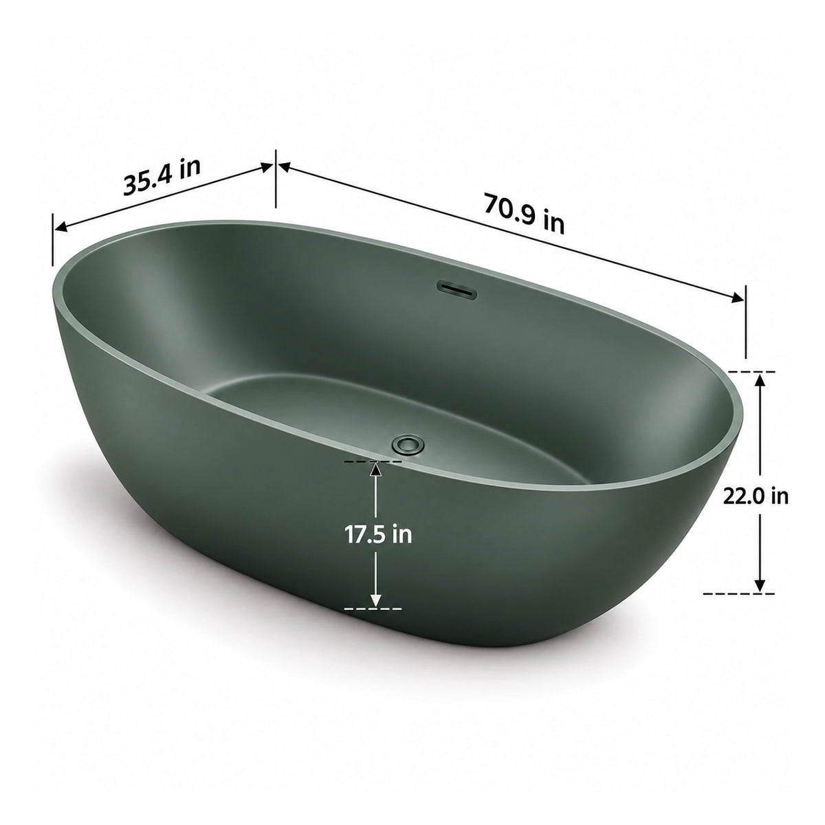 Dark green oval freestanding solid surface bathtub dimension for 70.9-inch