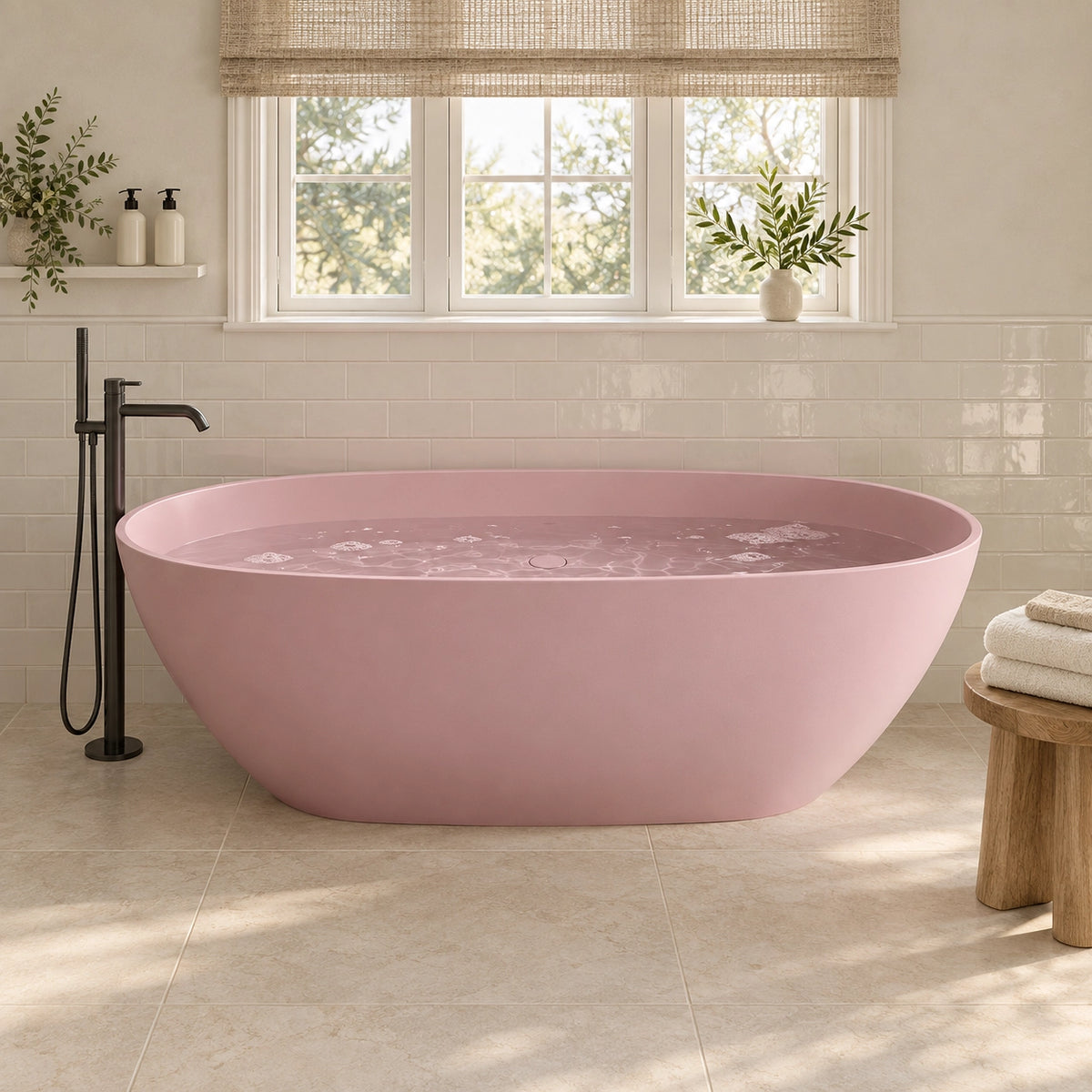 Pink oval freestanding solid surface bathtub placed in bright bathroom with window
