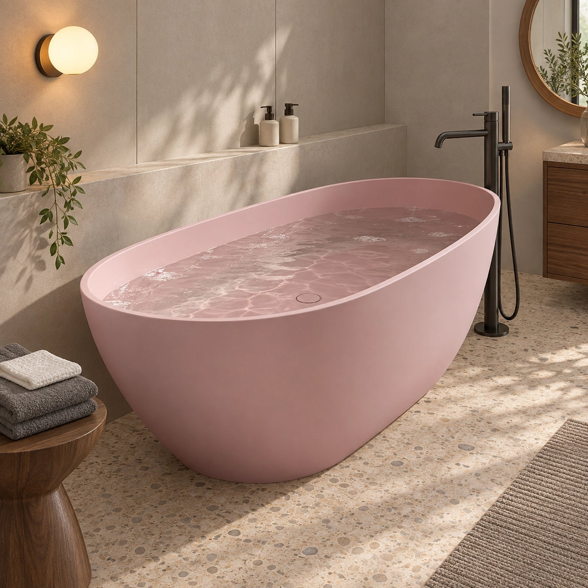 Pink oval freestanding soaking bathtub in stylish bathroom with niche and round mirror