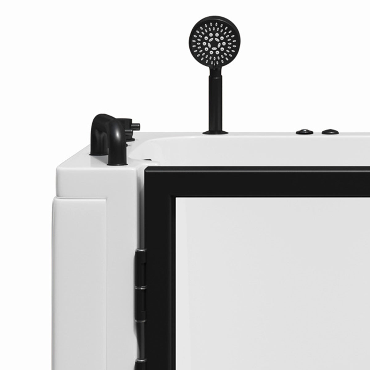 Close-up of deck-mounted faucet, handheld shower and tub grab bar with black hardware