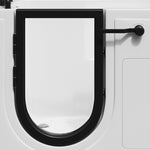 Close-up of tub watertight side door with black U-shaped frame and latch handle