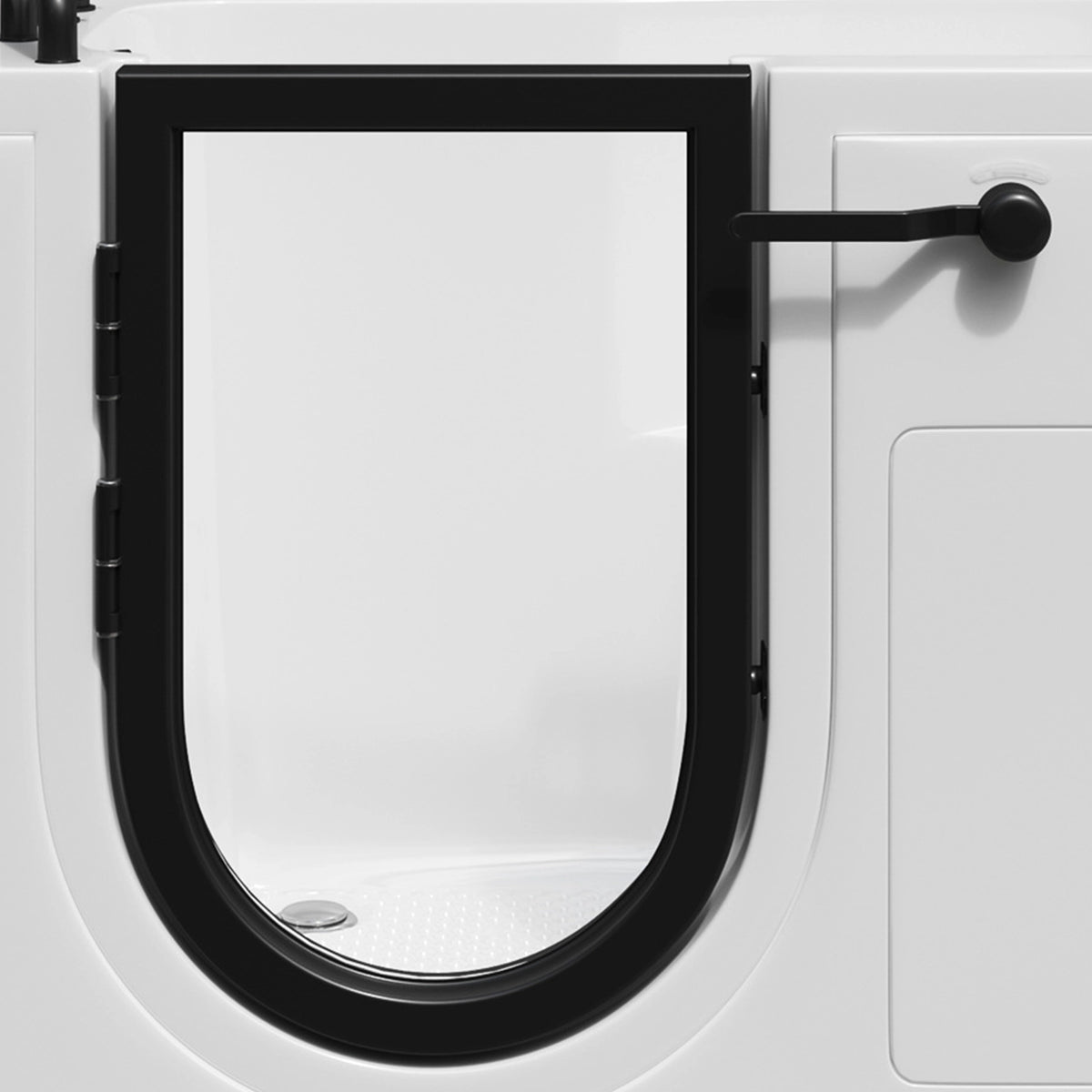 Close-up of tub watertight side door with black U-shaped frame and latch handle