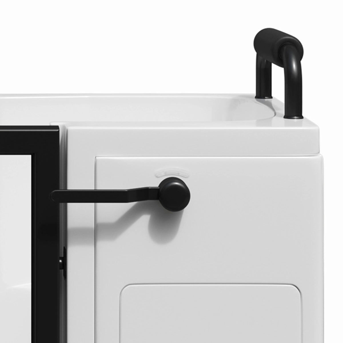 Partial shot of tub grab bar and side door locking handle