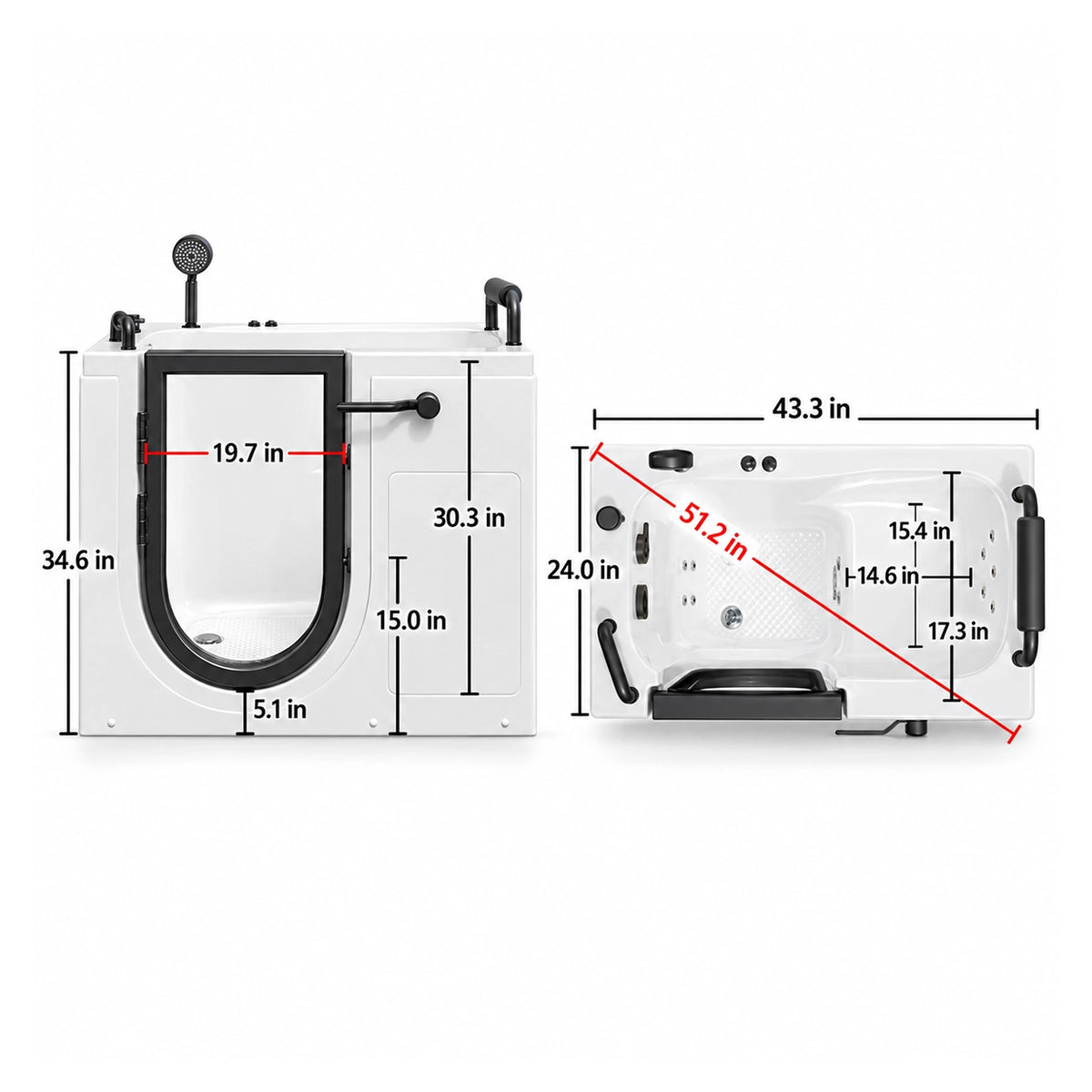 Walk-in acrylic bathtub dimensions for 43-inch.