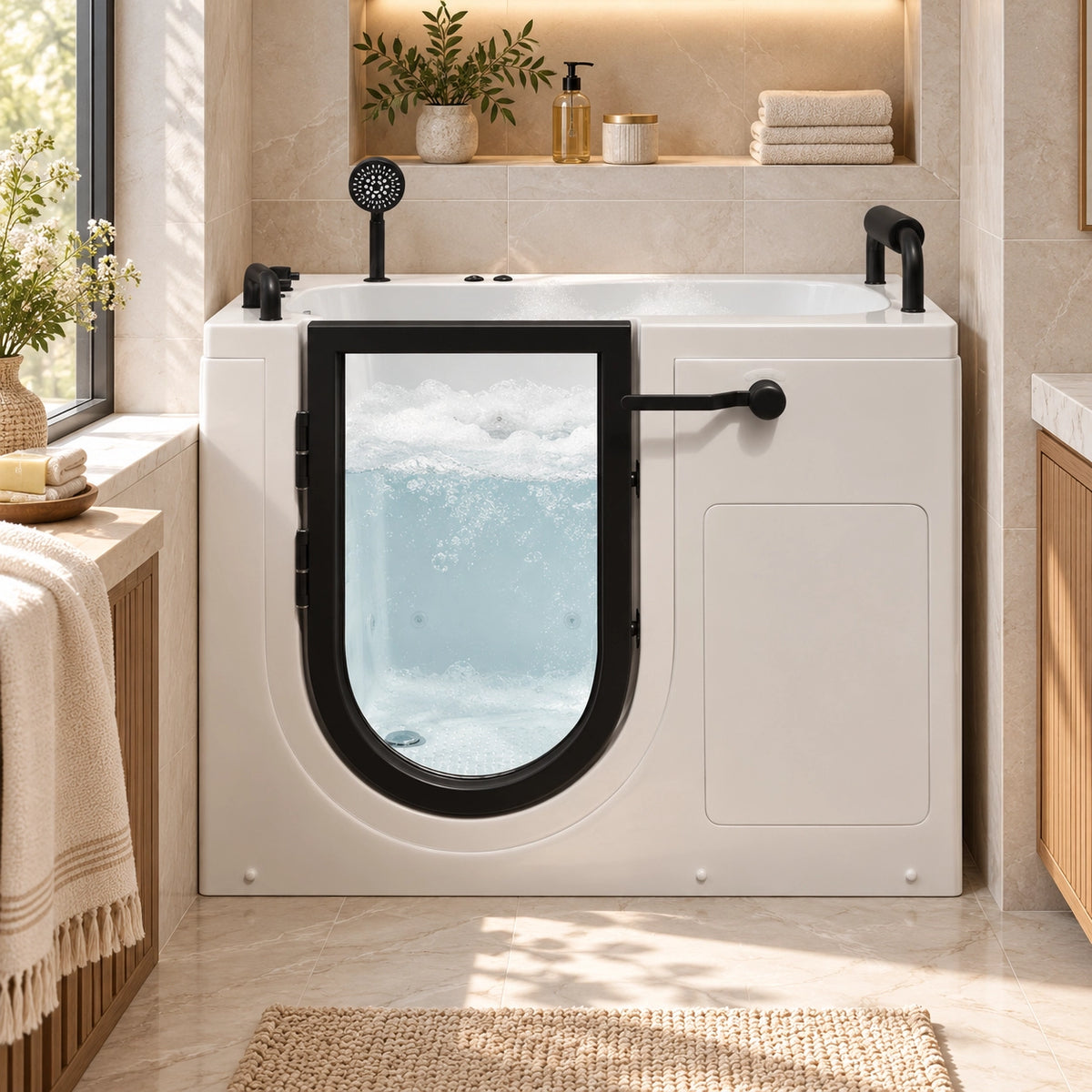 Walk-in acrylic bathtub placed in a modern bathroom with wall niche and large window