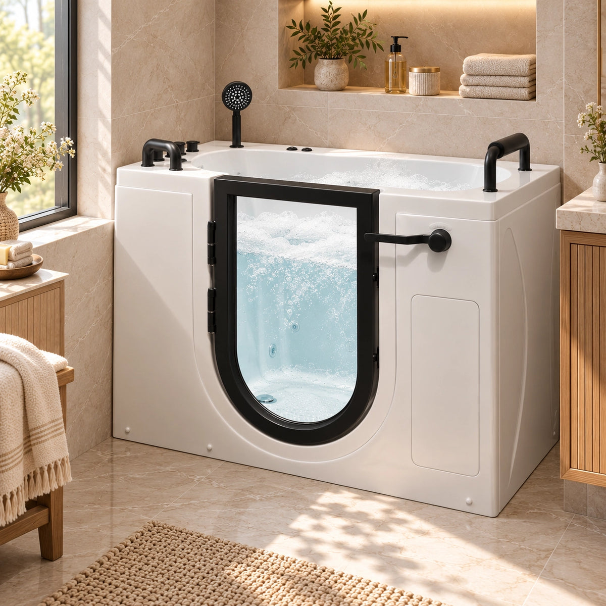 Side-opening walk-in tub installed in a premium bathroom with built-in shelf