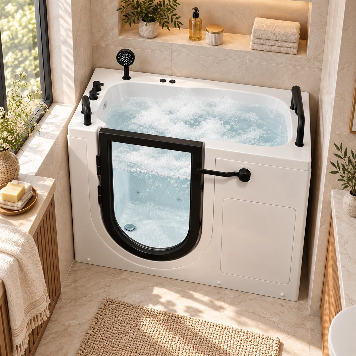 Walk-in tub with grab bars set in a bright bathroom decorated with green plants