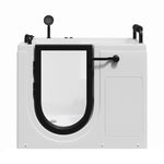 Walk-in acrylic bathtub with built-in seat, dual safety grab bars and low-threshold side door