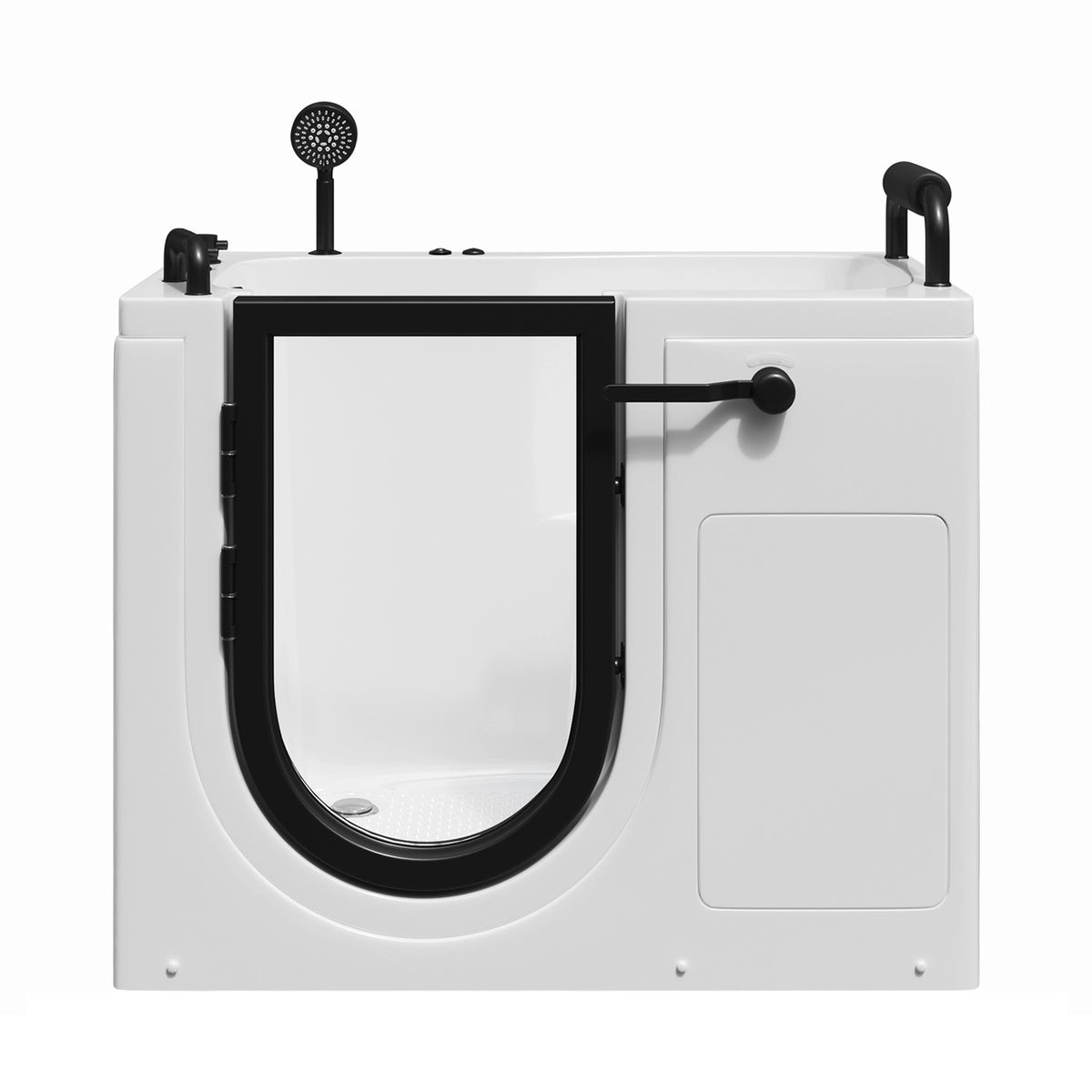 Walk-in acrylic bathtub with built-in seat, dual safety grab bars and low-threshold side door