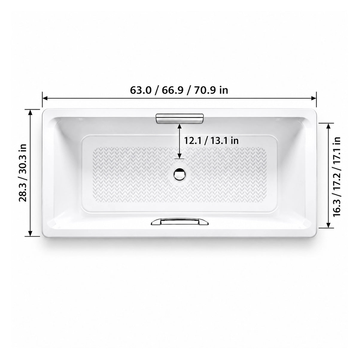 Rectangular drop-in bathtub, available lengths 63.0/66.9/70.9 in