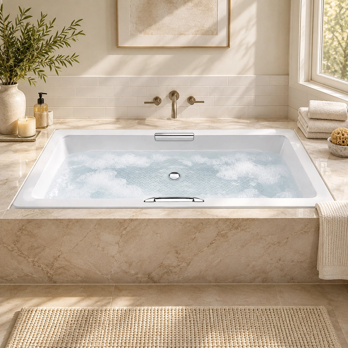 Rectangular drop-in acrylic bathtub installed in marble surround bathroom, with tiled wall and window view