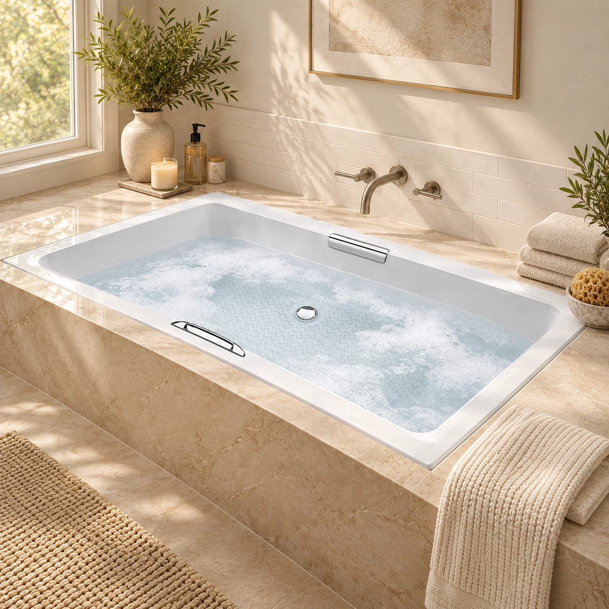 Drop-in bathtub in window-side bathroom, light beige tile wall, countertop decorated with candles and plants