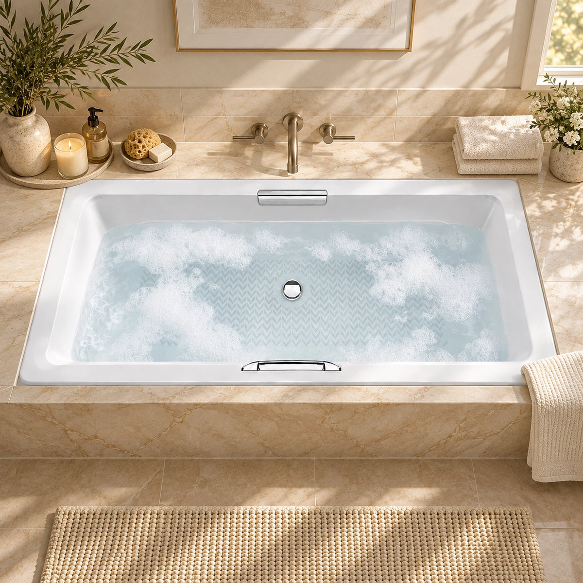 Rectangular drop-in tub in bright bathroom, equipped with wall-mounted faucet, towels and decorative ornaments