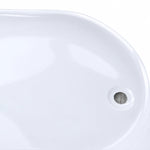 Close-up of tub wall, glossy white bathtub body with pre-drilled circular overflow opening and curved rim