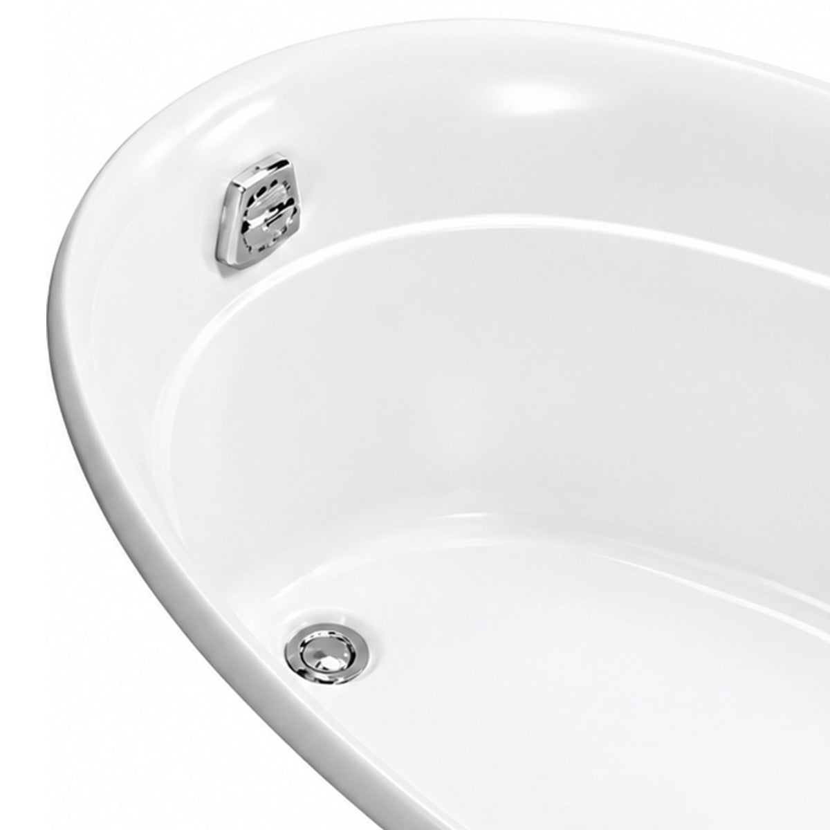 Interior close-up of bathtub, chrome grab bar mounting fixture, central drain and smooth curved inner wall