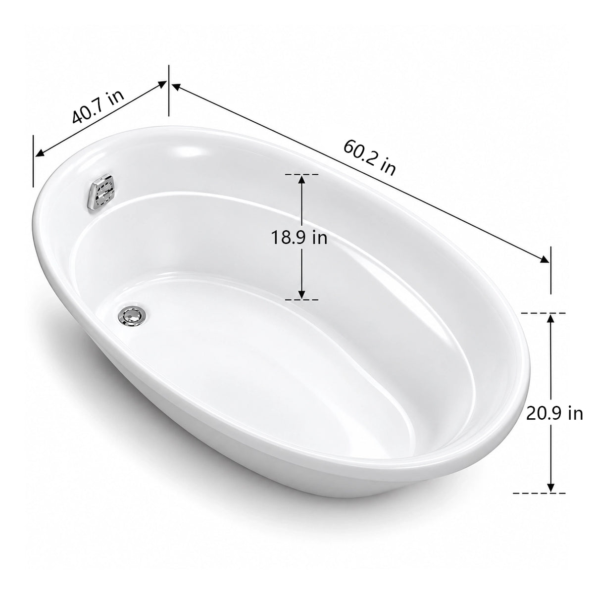Oval drop-in bathtub, overall length 60.2 in, width 40.7 in, inner depth 18.9 in, outer height 20.9 in