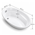 Oval drop-in bathtub, overall length 60.2 in, width 40.7 in, inner depth 18.9 in, outer height 20.9 in