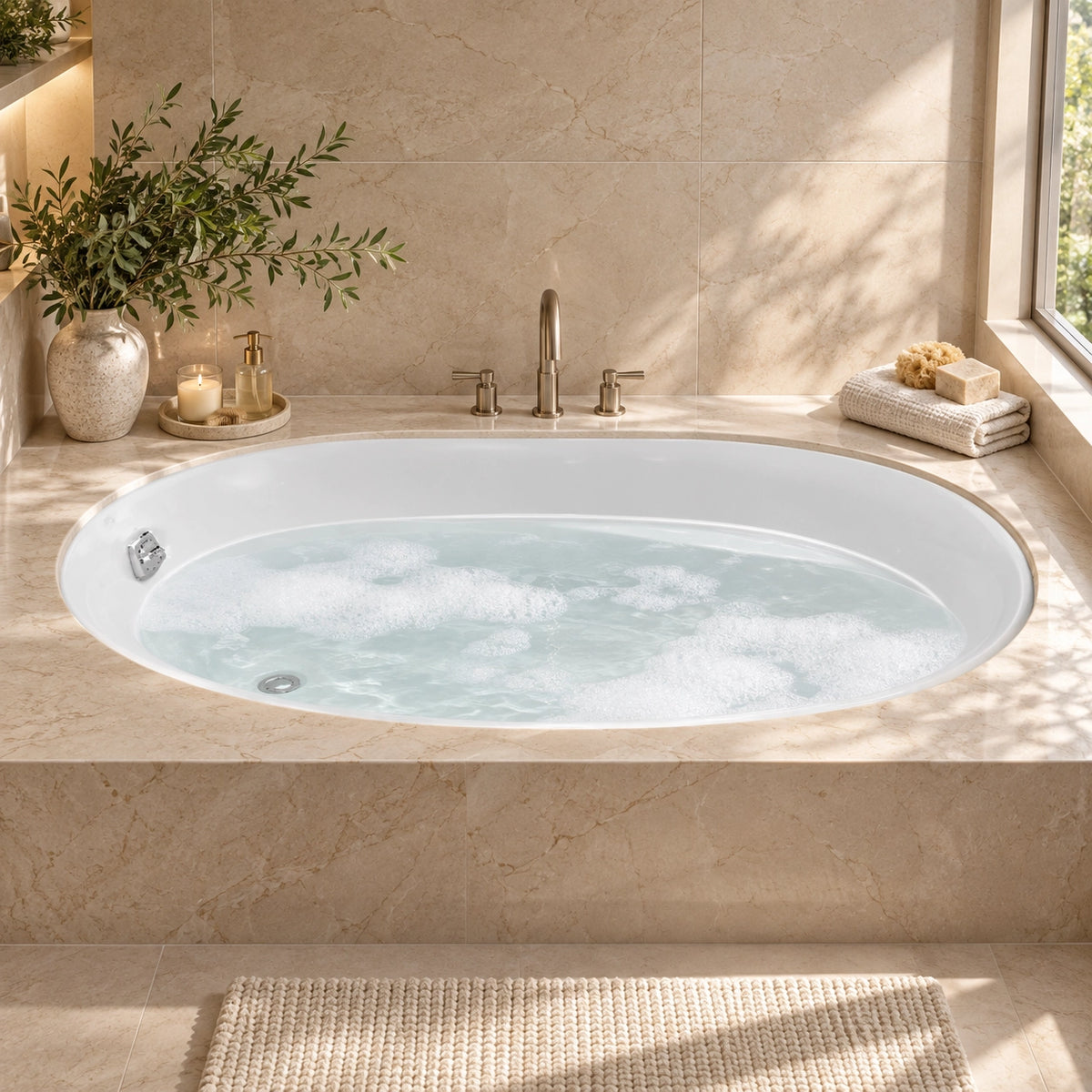 Oval drop-in bathtub set in beige marble bathroom countertop, natural window light, with deck-mounted faucet and bath decor