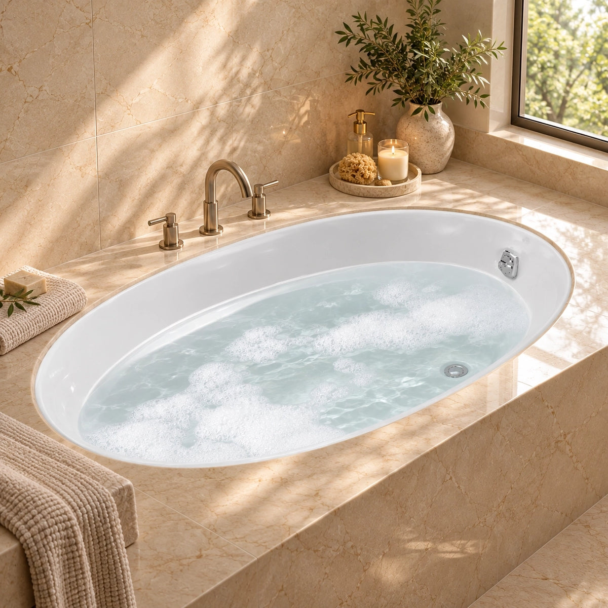 Oval drop-in tub installed in marble bathroom near window, countertop with candles and plants, water filled inside the tub