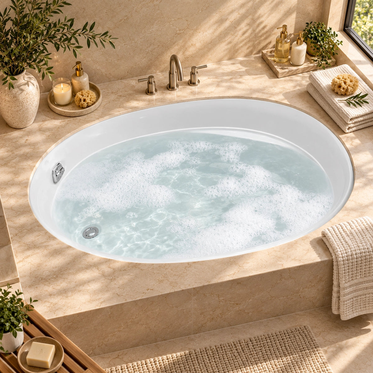 Oval drop-in bathtub in sunlit bathroom with beige marble surround, accessorized with toiletries, towels and green plants