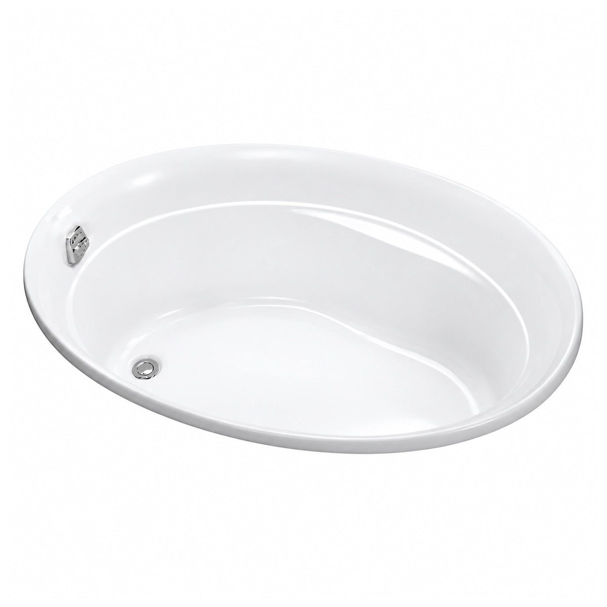 Oval drop-in acrylic soaking bathtub, glossy white finish, pre-installed grab bar mount and drain opening
