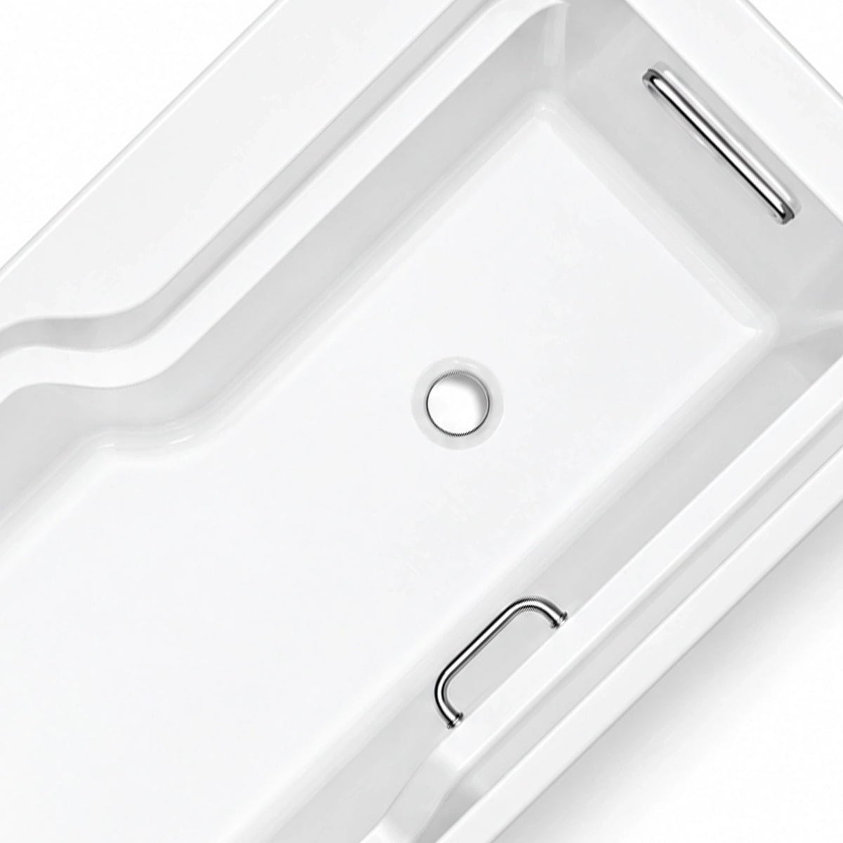 Close-up of bathtub interior with two built-in metal grab bars and central drain, featuring smooth rounded corners