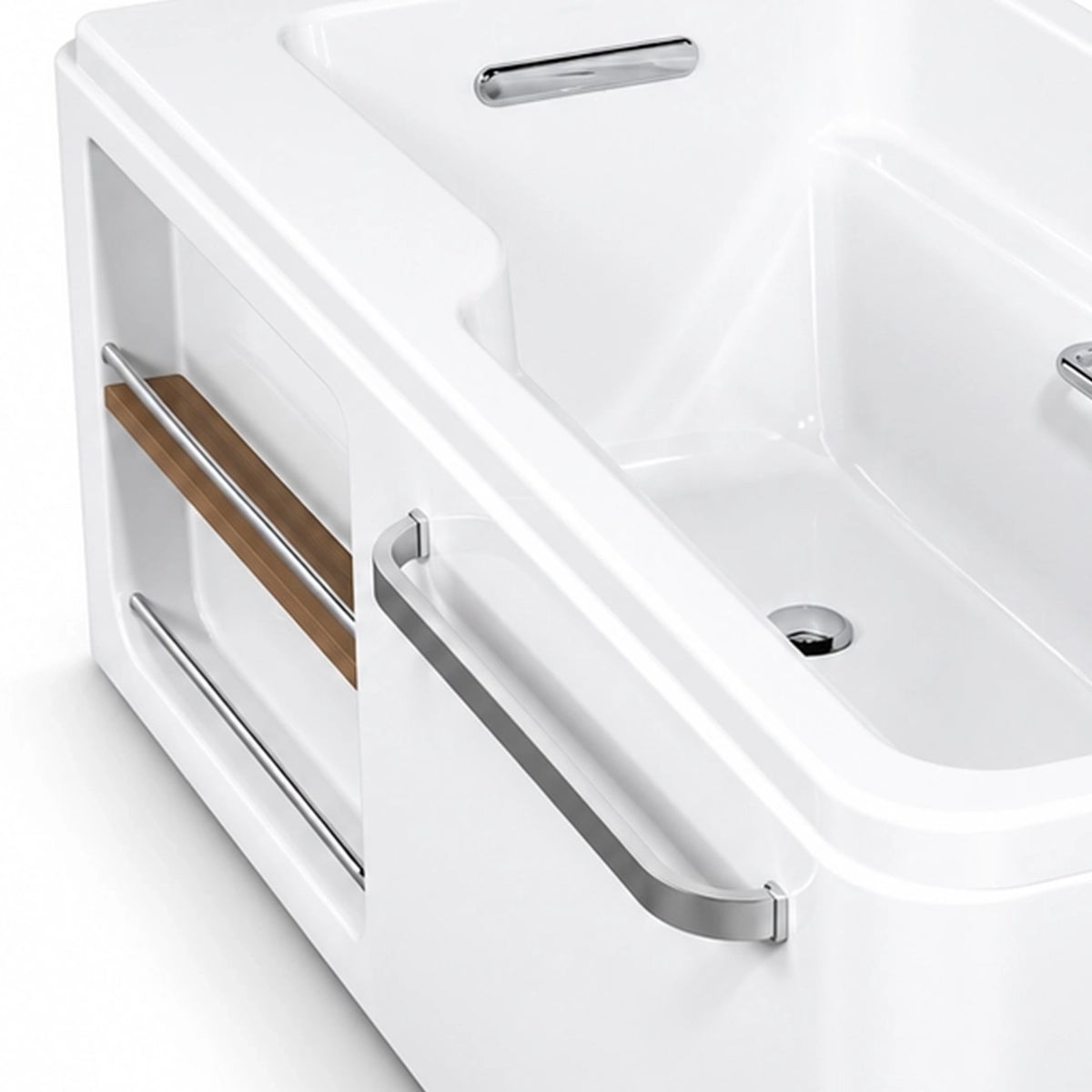 Bathtub side detail with external long metal grab bar and open storage compartment with wooden shelf