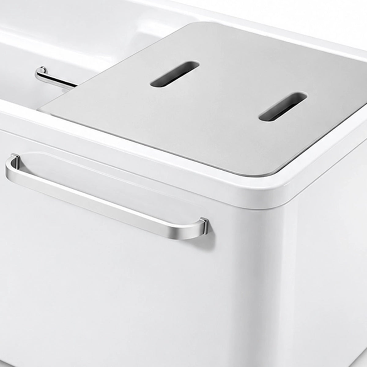 Close-up of matching bathtub grey lid with two elongated cut-out handles, fitting tightly on tub top