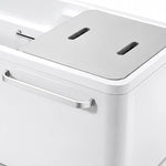 Close-up of matching bathtub grey lid with two elongated cut-out handles, fitting tightly on tub top