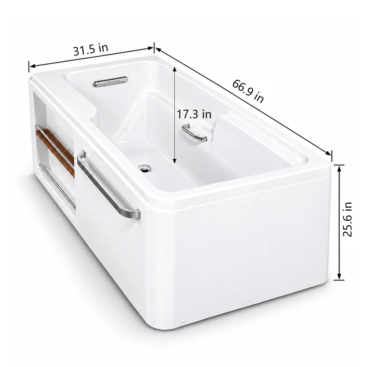 Grab bar skirted bathtub with dimensions: 66.9 inch.