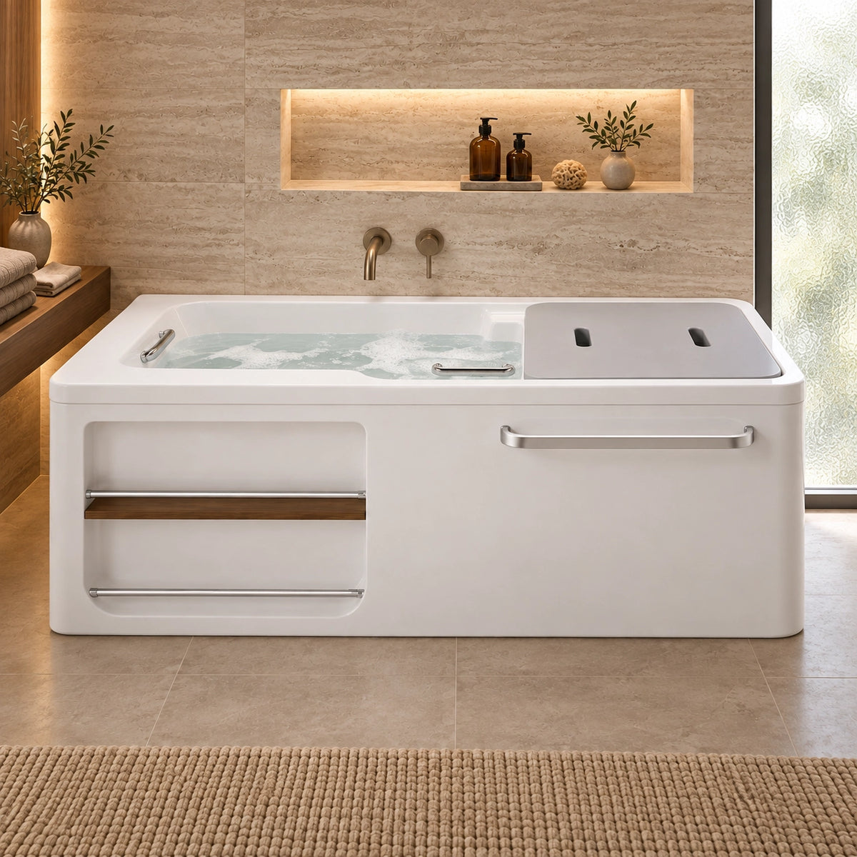 Skirted acrylic bathtub with side storage niche, placed in bathroom with travertine tiled wall