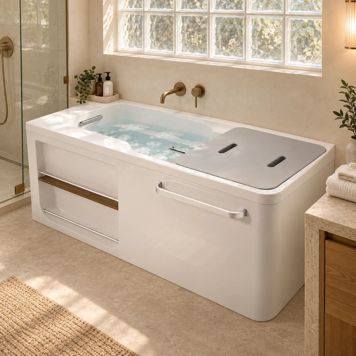 One-piece bathtub with metal grab bars, set in residential bathroom with textured glass window beside stone countertop