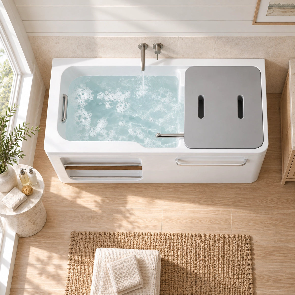 Rectangular bathtub with side rack, installed in bright bathroom with light wood flooring and small round side table