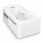 Skirted acrylic alcove bathtub, integrated design with inner & outer metal grab bars, side storage and matching cover