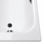 Bathtub interior bottom detail with textured anti-slip surface, silver drain, smooth flat rim and clear raised anti-slip dots