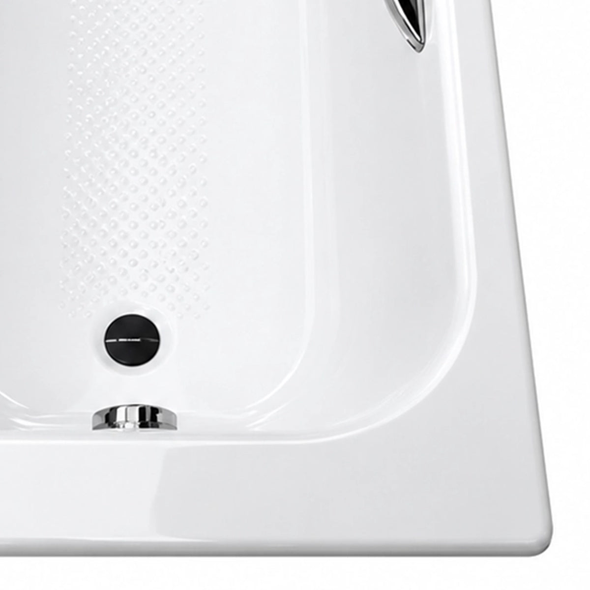 Bathtub interior bottom detail with textured anti-slip surface, silver drain, smooth flat rim and clear raised anti-slip dots