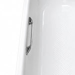 Bathtub grab bar close-up, chrome polished safety handrail mounted on inner tub wall with sturdy streamlined shape