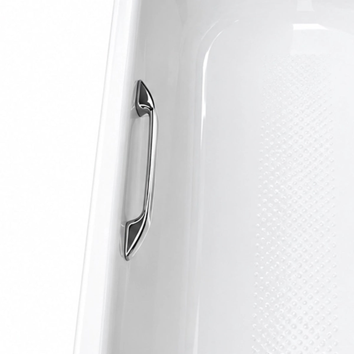 Bathtub grab bar close-up, chrome polished safety handrail mounted on inner tub wall with sturdy streamlined shape