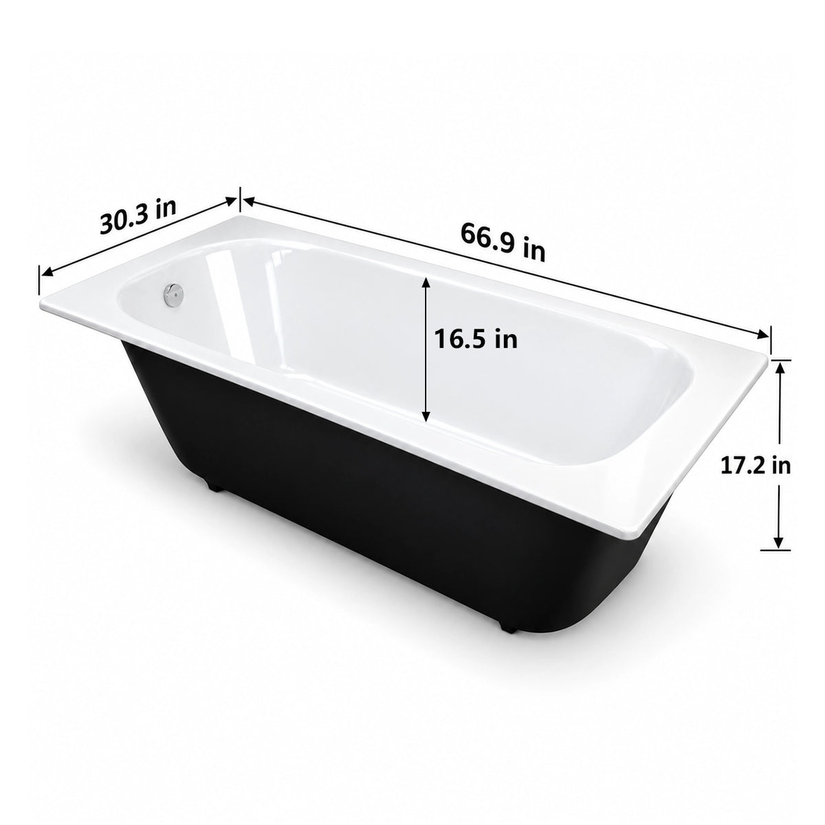 Drop-in acrylic bathtub, overall length 66.9 in, width 30.3 in, inner depth 16.5 in, total height 17.2 in
