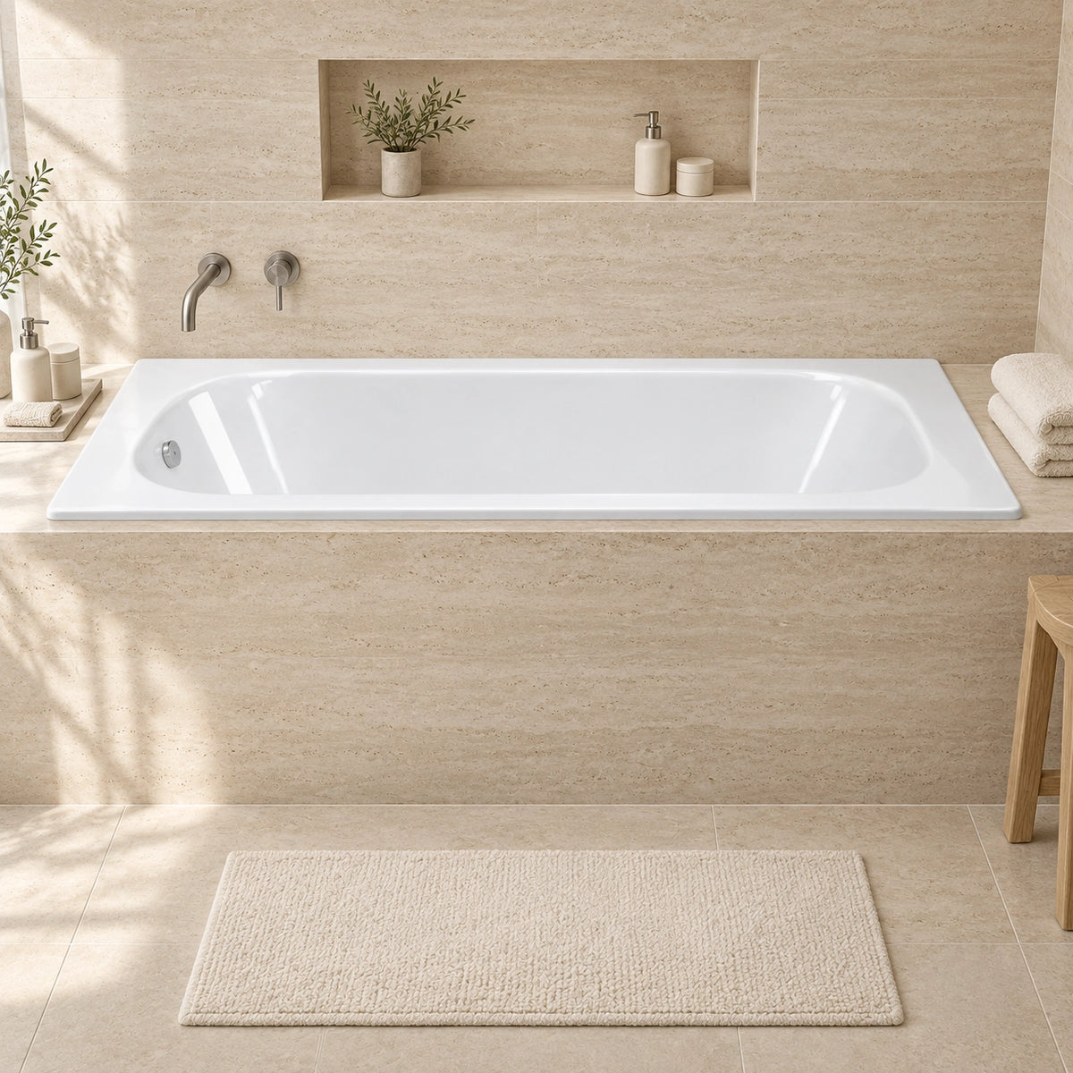 Drop-in rectangular acrylic bathtub fitted in light beige stone tiled bathroom with built-in wall niche and soft natural lighting