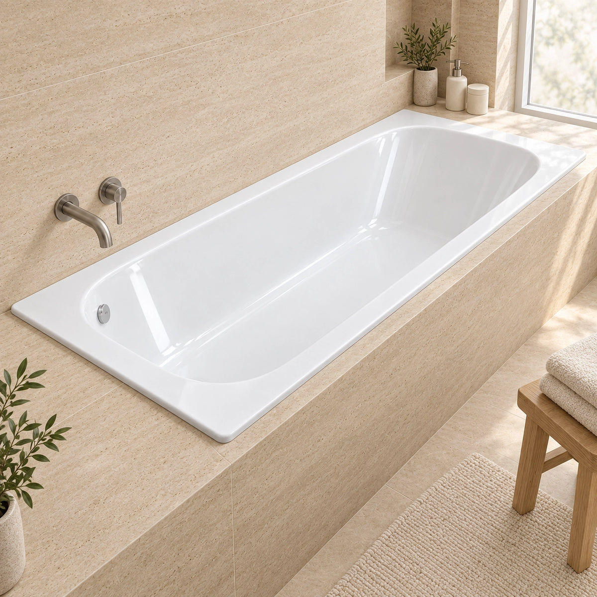 Drop-in bathtub placed in sunlit bathroom with wooden stool, full stone tile wall finish for clean minimalist space