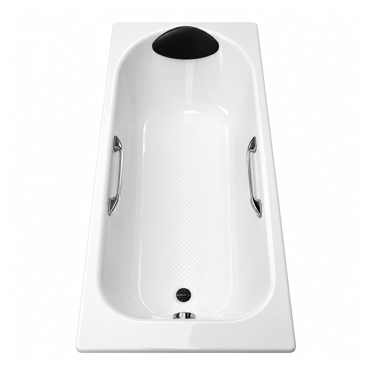 Drop-in rectangular acrylic soaking bathtub with dual chrome grab bars, textured anti-slip base and curved black bath pillow