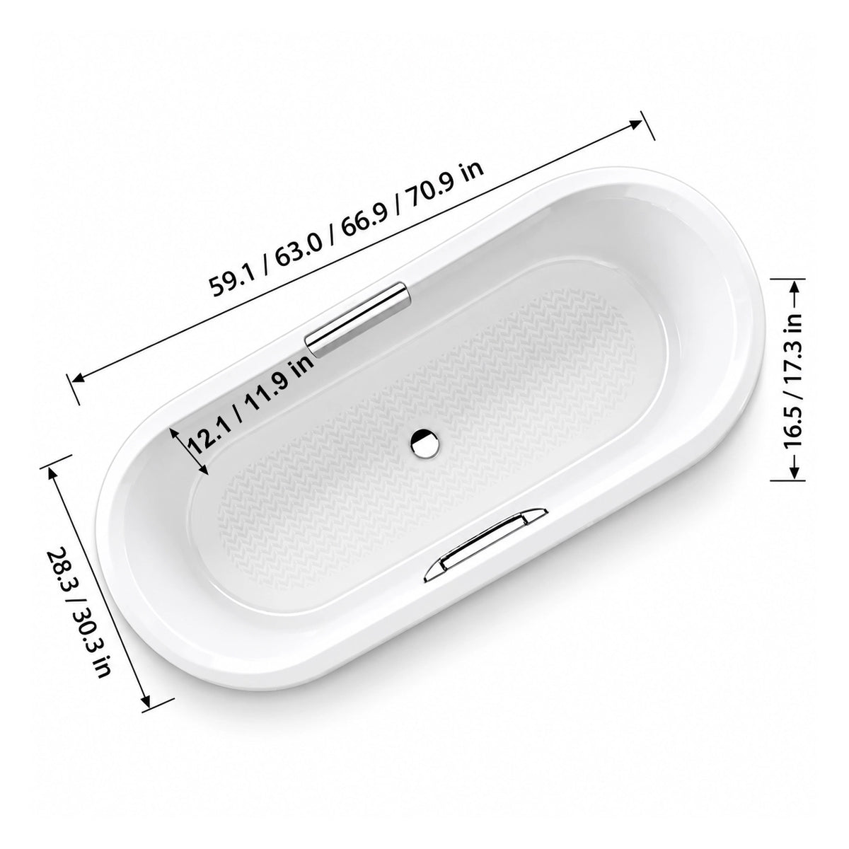 Drop-in oval acrylic bathtub with dimension 59.1 inch/63 inch/66.9 inch/70.9 inch.