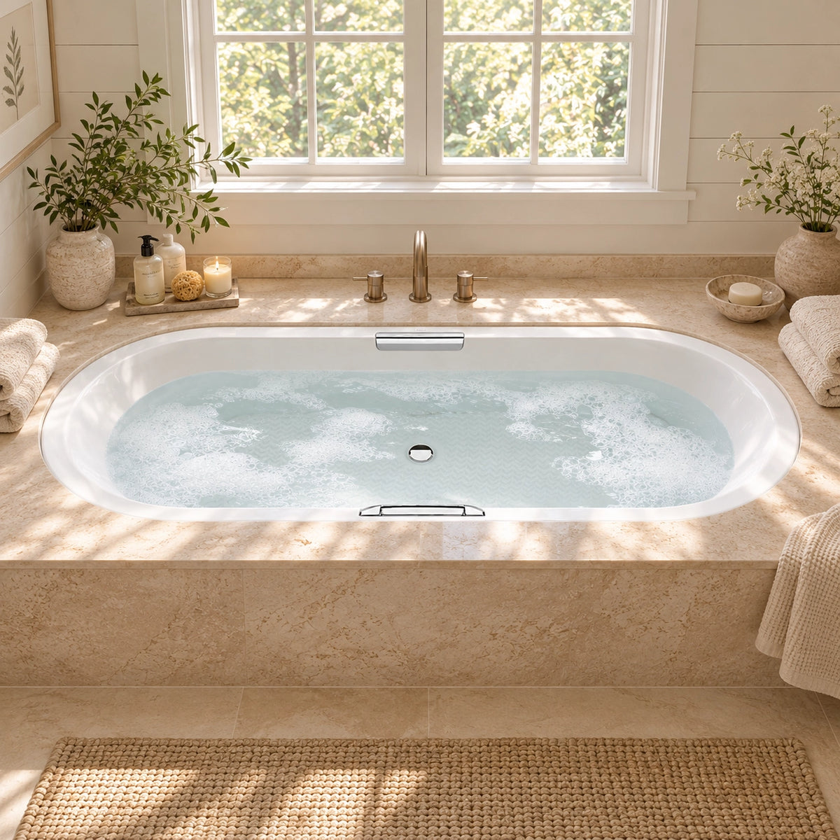 Drop-in oval acrylic bathtub installed on stone deck bathroom with large window and bath accessories, showing real bathing space