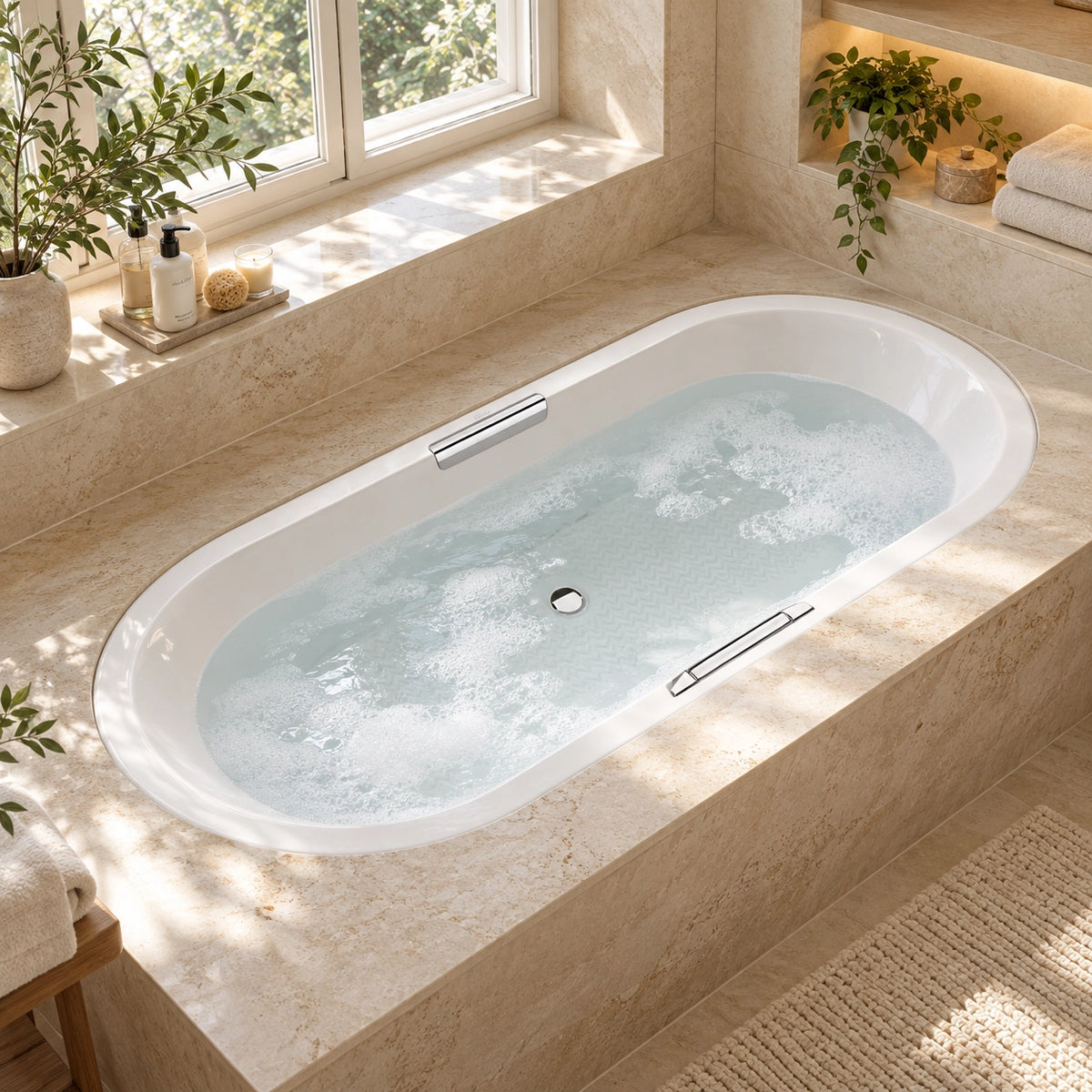 Drop-in oval bathtub fitted on stone surround in bathroom corner, natural window light and recessed shelf for storage