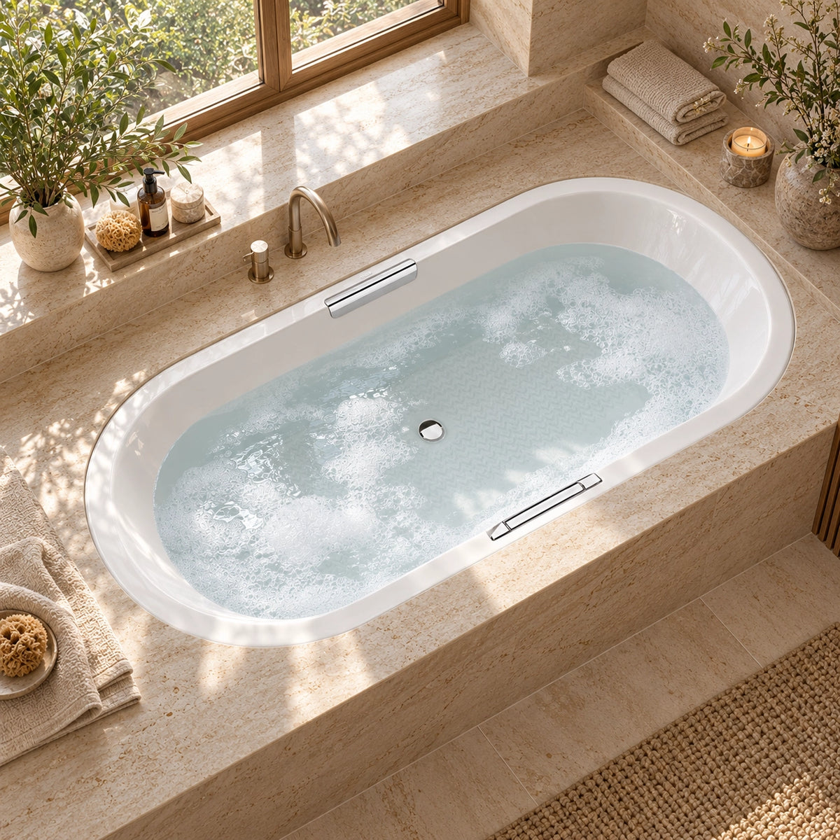 Drop-in oval acrylic tub in bathroom with wooden frame window, candles and green plants on counter for warm bathroom scene